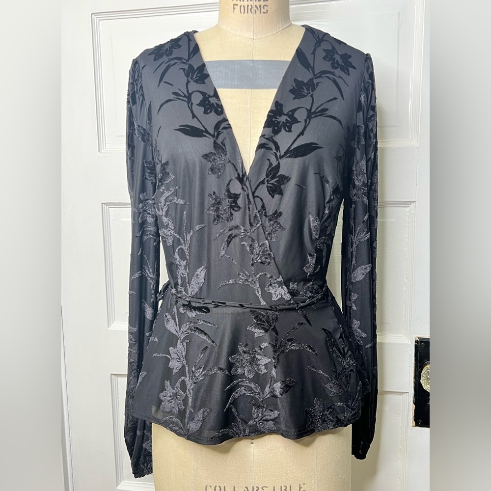 Burnout Velvet Knit Floral Long Sleeved Blouse Wrap Peplum Black S Sheer anthro